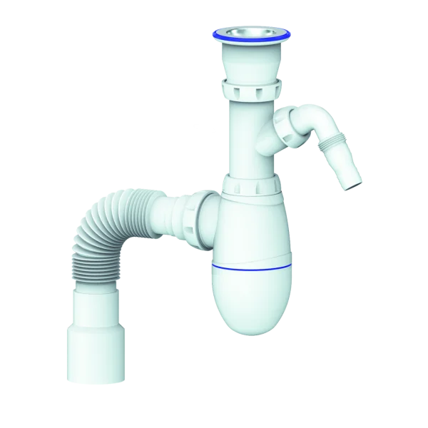 CИФОН ДЛЯ МОЙКИ С ПРИКРУЧИВАЮЩИМСЯ ВЫПУСКОМ 1 1/2 С ВЫХОДОМ ПОД СТИРАЛКУ И ГИБКИМ СОЕДИНЕНИЕМ д.40х4