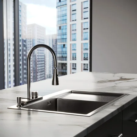 Комплект Мойка для кухни с правым крылом и дозатор РМС MRK-7851BL-L Темный графит