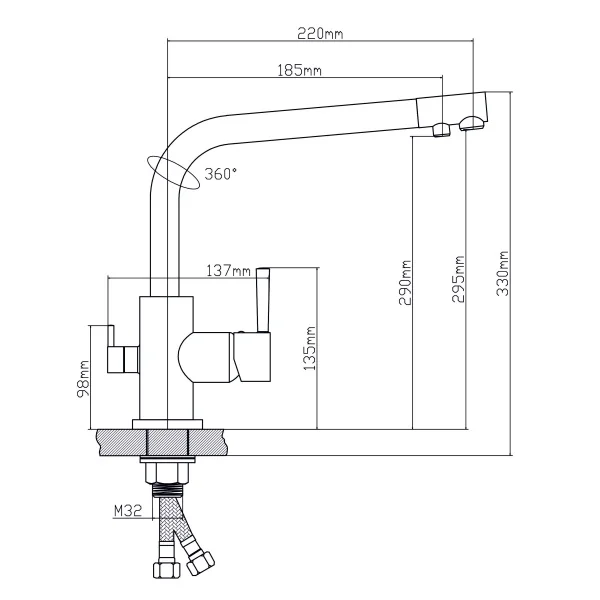 Смеситель для кухни BOOU 91401 с фильтром для питьевой воды Латунь