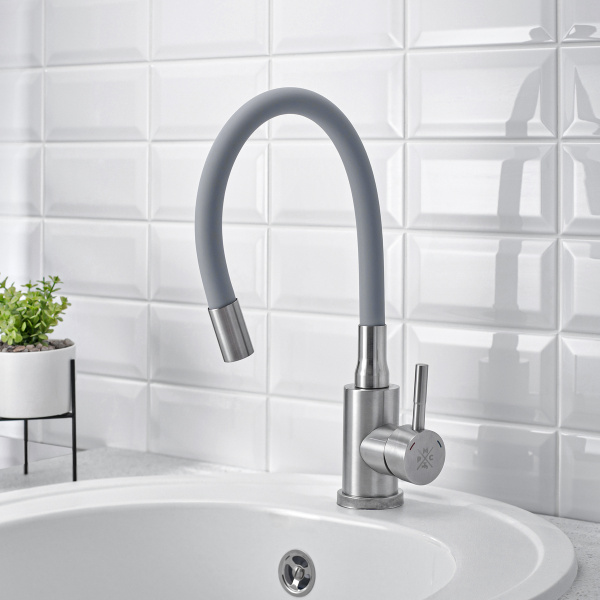 Смеситель для кухни РМС SUS124GY-016F с гибким изливом Нержавеющая сталь Серый