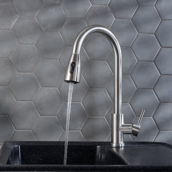 Смеситель для кухни РМС SUS124-017F-2 с вытяжным изливом Нержавеющая сталь