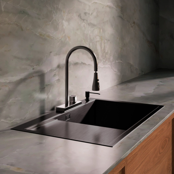 Комплект Мойка для кухни с правым крылом и дозатор РМС MRK-7851BL-R Темный графит