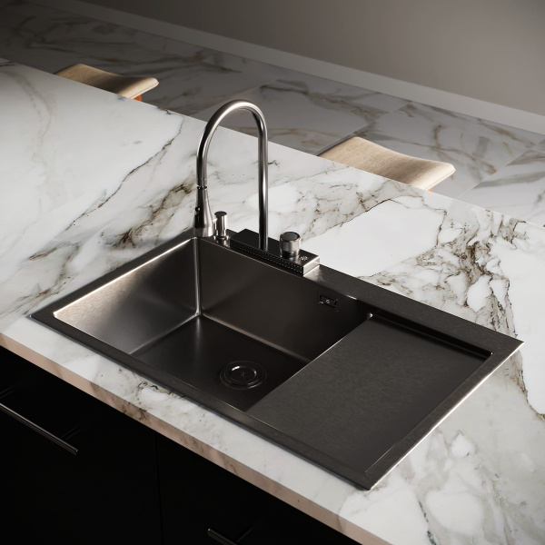 Комплект Мойка для кухни с правым крылом и дозатор РМС MRK-7851BL-L Темный графит