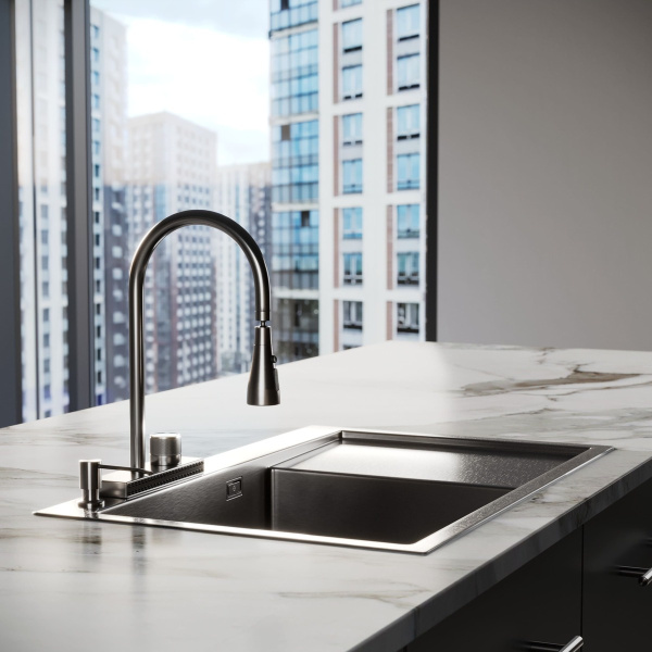 Комплект Мойка для кухни с правым крылом и дозатор РМС MRK-7851BL-L Темный графит