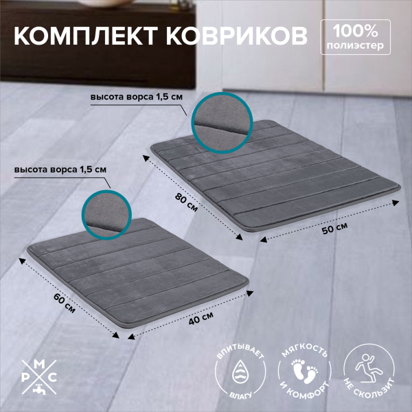 Изображение коврик для ванной комплект серый рмс кк-01тс-40х60/50х80