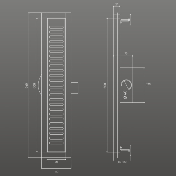 Трап для душа линейный РМС ТЛ03-60х7см Нержавеющая сталь