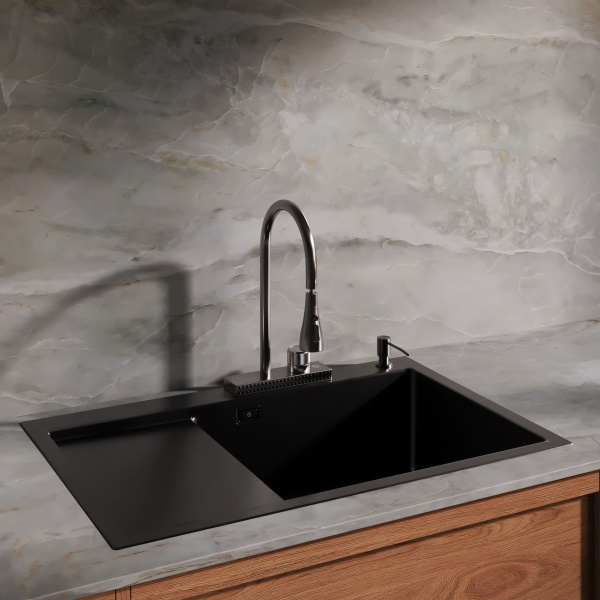 Комплект Мойка для кухни с правым крылом и дозатор РМС MRK-7851BL-R Темный графит