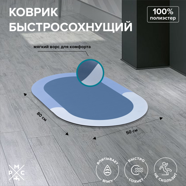 Изображение коврик для ванной быстросохнущий синий рмс к-03сн-50х80