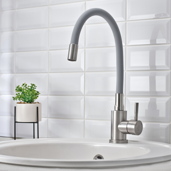 Смеситель для кухни РМС SUS124GY-016F с гибким изливом Нержавеющая сталь Серый