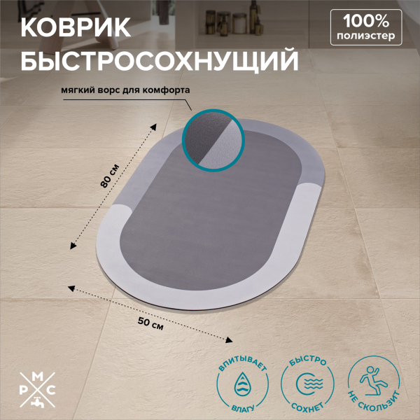 Изображение коврик для ванной быстросохнущий серый рмс к-03с-50х80