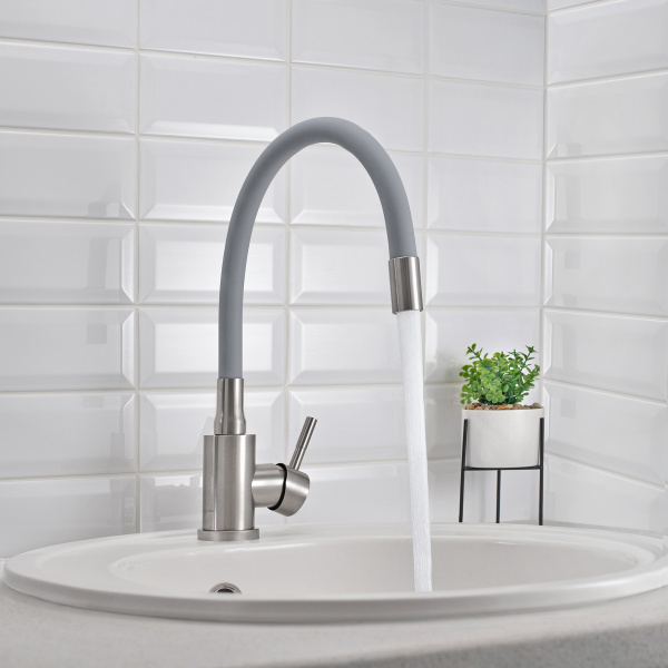 Смеситель для кухни РМС SUS124GY-016F с гибким изливом Нержавеющая сталь Серый