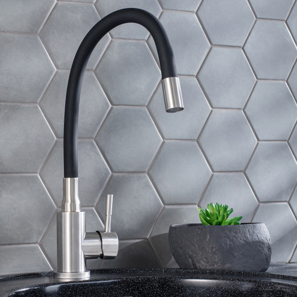 Смеситель для кухни РМС SUS124BL-016F с гибким изливом Нержавеющая сталь Черный