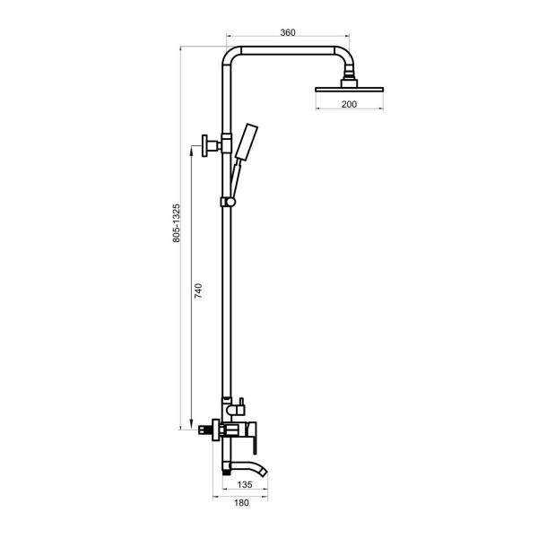 Душевая стойка РМС SUS124-009DK-1 с тропическим душем Нержавеющая сталь