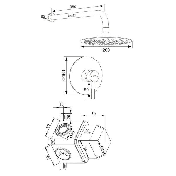 Душевой комплект встраиваемый РМС SUS129-1 Нержавеющая сталь
